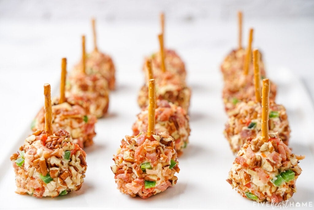 Mini Pimento Cheese Balls lined up on platter.