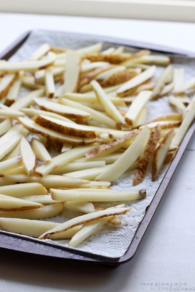 Pan of Seasoned Fries baked in oven.