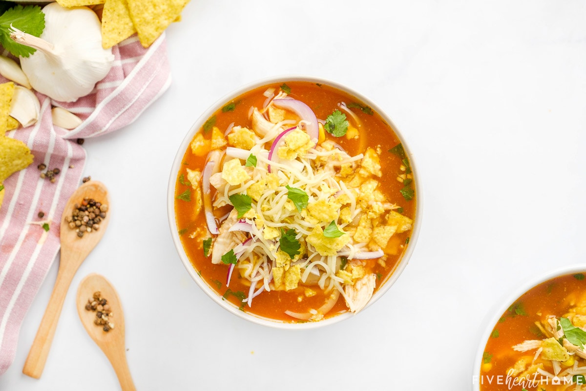 Aerial view of bowls of BBQ Chicken Soup.