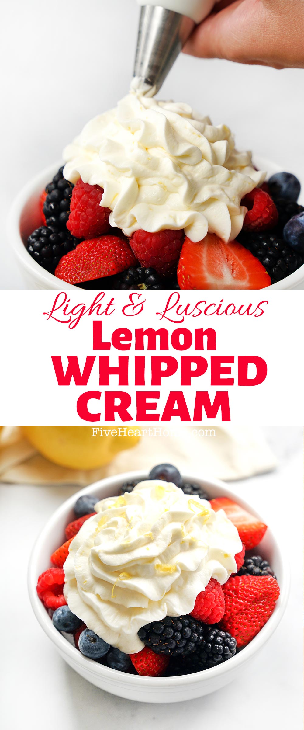 Lemon Whipped Cream ~ a quick and easy recipe that makes a light and citrusy topping for berries, waffles, pound cake, and more! | FiveHeartHome.com via @fivehearthome