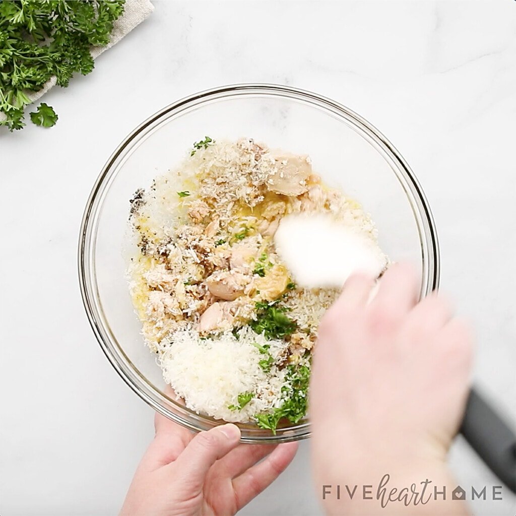 Stirring together Salmon Cakes mixture.