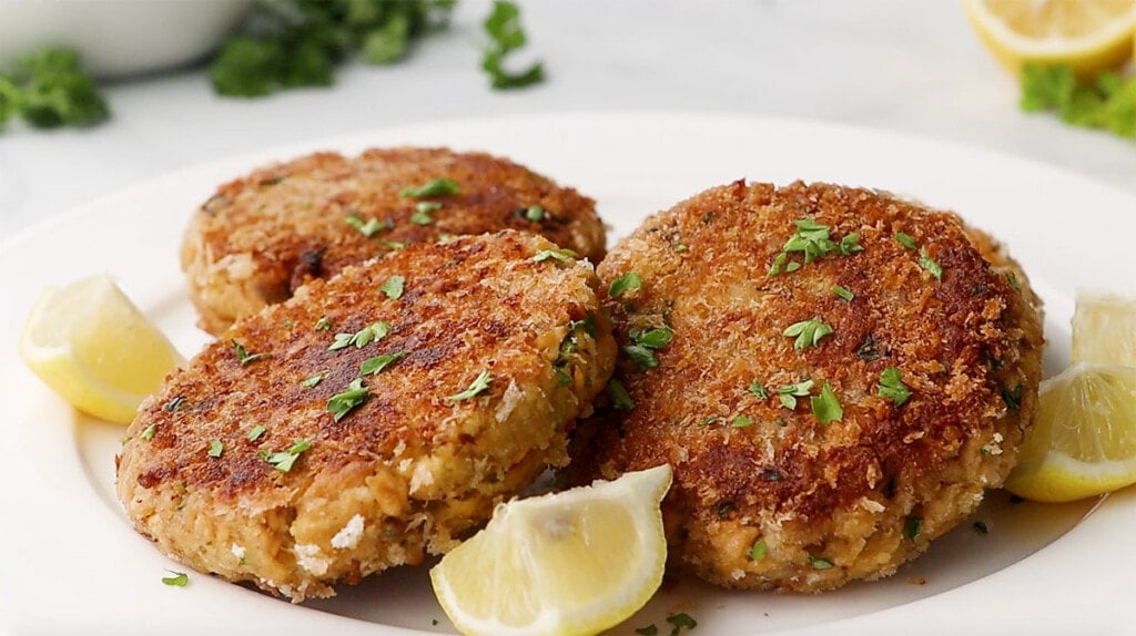 Close-up of salmon croquettes garnished with parsley.