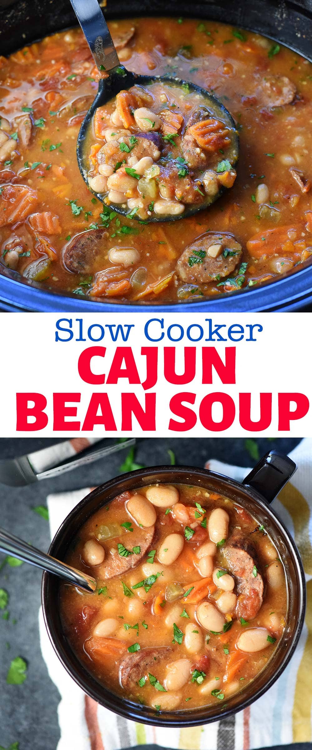 Cajun Bean Soup ~ a cozy slow cooker recipe loaded with white beans, andouille sausage, veggies, and a flavorful broth to warm you up! | FiveHeartHome.com via @fivehearthome