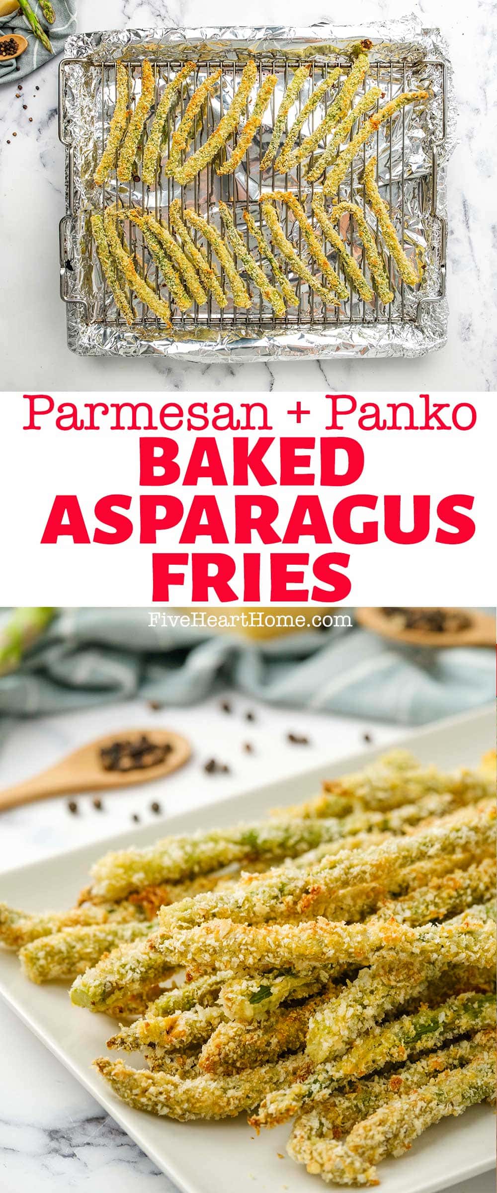 Asparagus Fries ~ Panko and Parmesan crusted asparagus spears that are breaded and baked until crispy and golden brown for an addictive, healthy side dish or snack! | FiveHeartHome.com via @fivehearthome