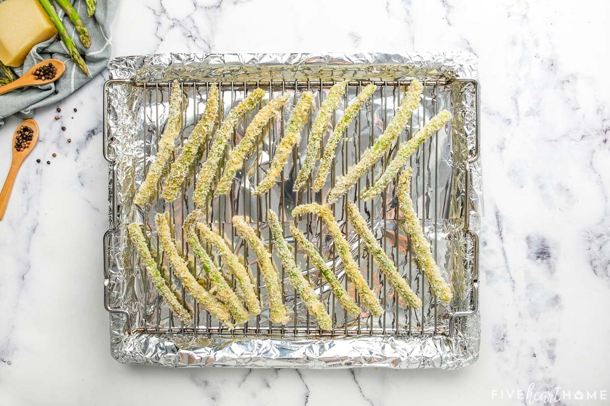 Pan of Asparagus Fries ready for the oven.