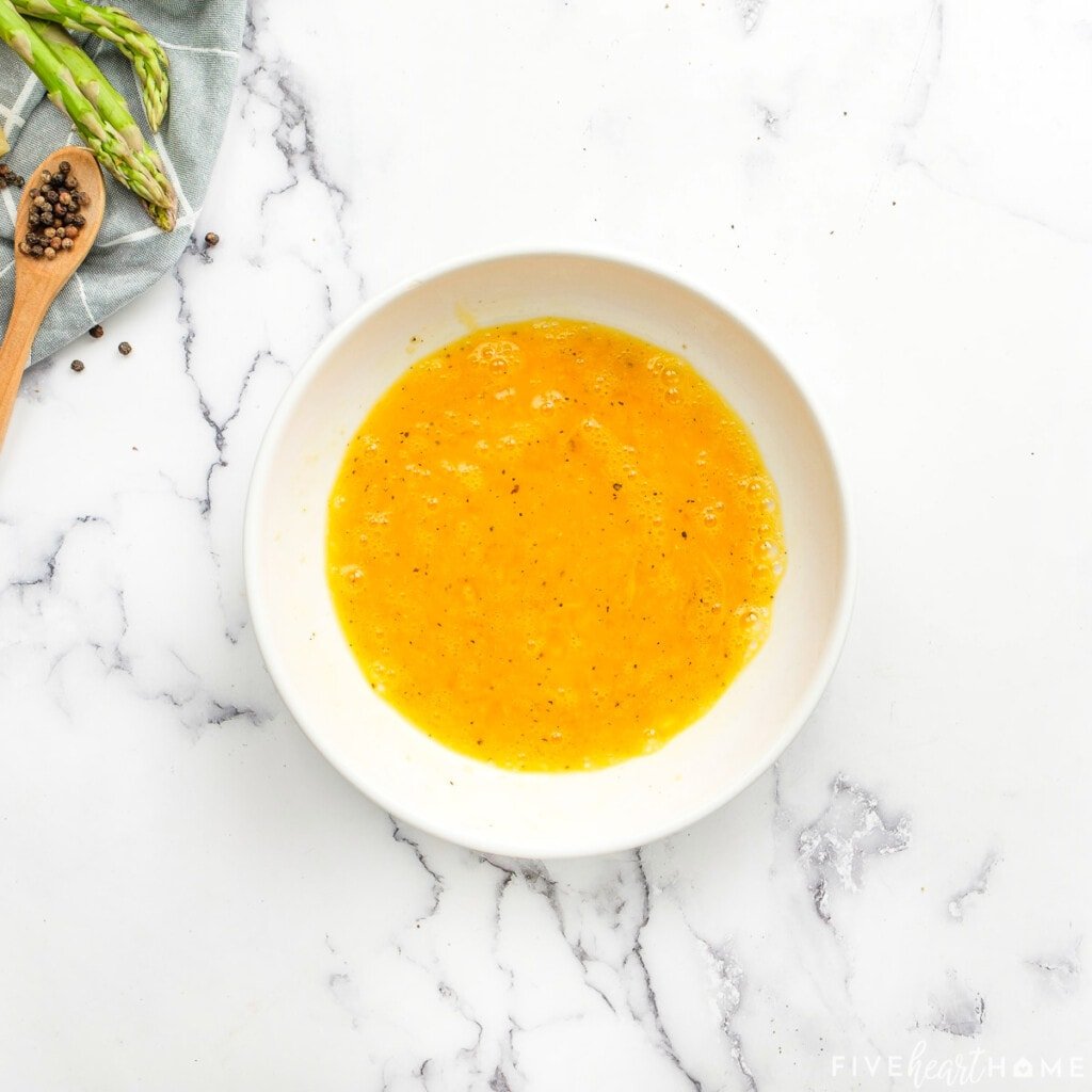 Eggs scrambled for dipping Asparagus Fries.