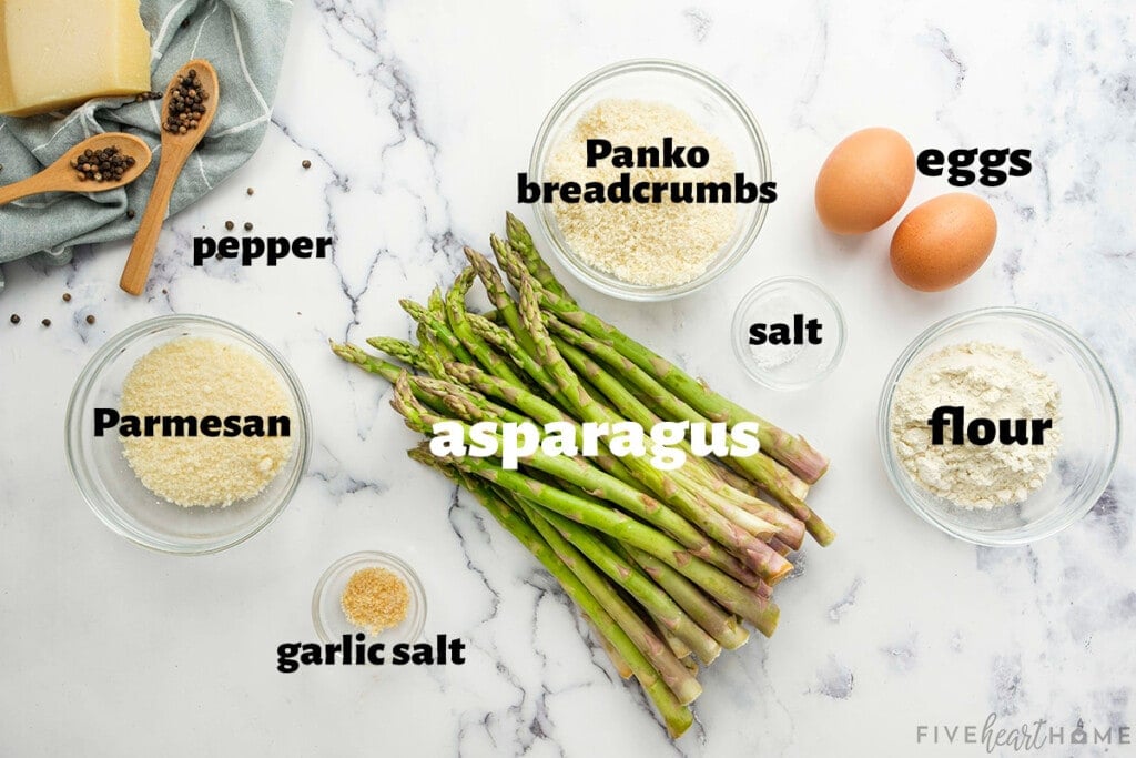 Labeled ingredients to make baked Asparagus Fries recipe with Parmesan and Panko.