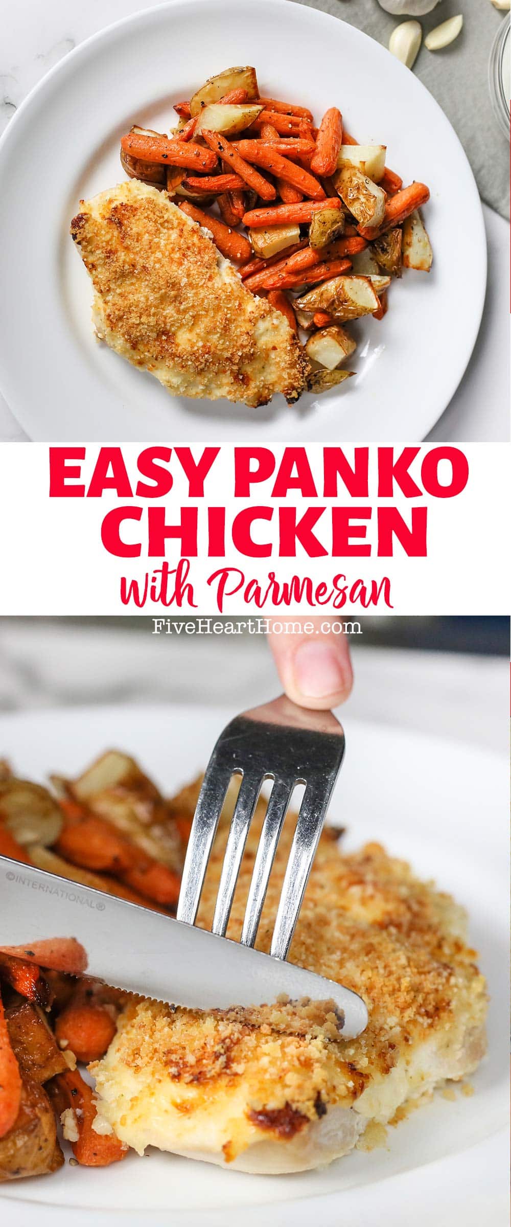 Panko Chicken ~ this winner of a dinner recipe features chicken breasts flavored with Parmesan and baked until tender and juicy on the inside and crispy on the outside...everyone loves this Panko crusted chicken! | FiveHeartHome.com via @fivehearthome