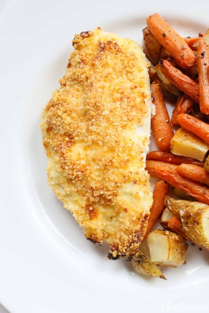 Panko Chicken on plate with veggies.