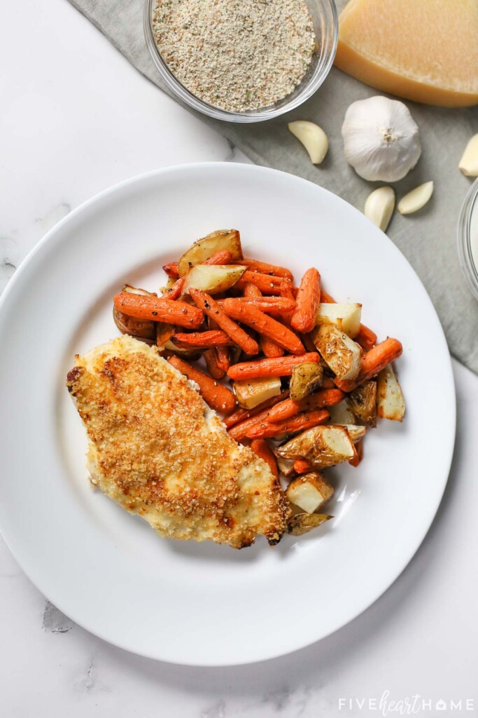 Aerial view of Baked Panko Chicken on plate.