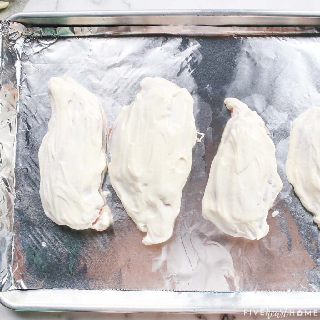 Spreading mayonnaise and sour cream over chicken breasts for panko chicken recipe.