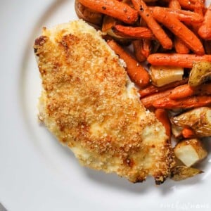 Panko Chicken, showing panko crusted chicken breast baked and served with veggies.