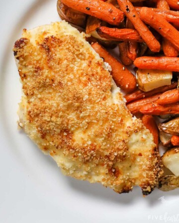 Panko Chicken, showing panko crusted chicken breast baked and served with veggies.