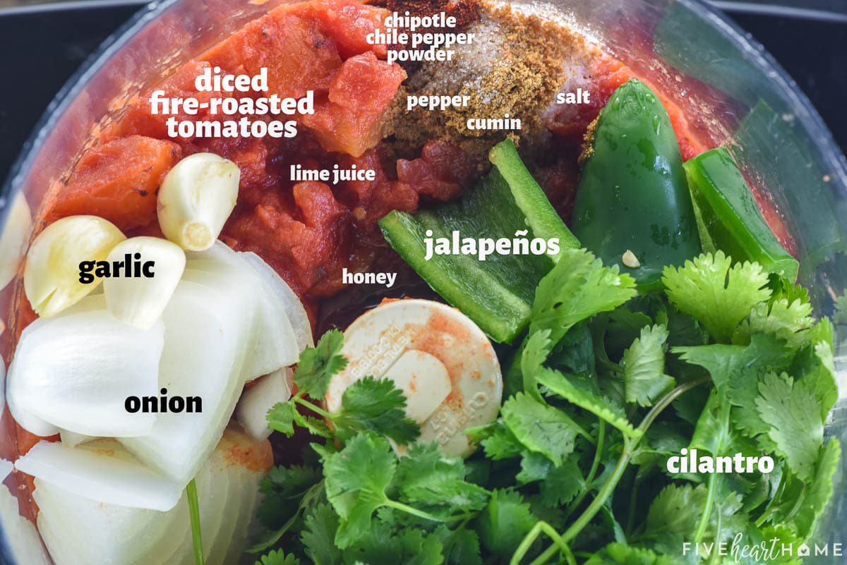 Labeled ingredients to make Canned Tomato Salsa Recipe.