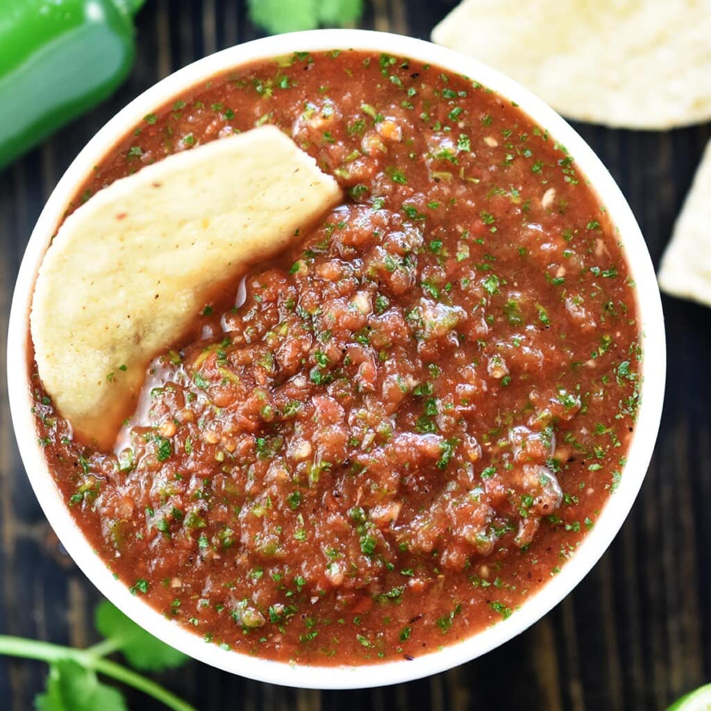 Aerial view of Canned Tomato Salsa Recipe in bowl.