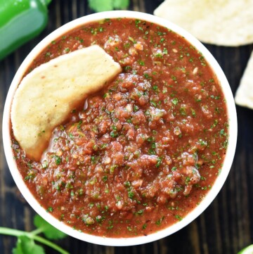 Aerial view of Canned Tomato Salsa Recipe in bowl.