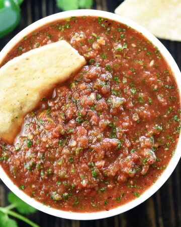 Aerial view of Canned Tomato Salsa Recipe in bowl.