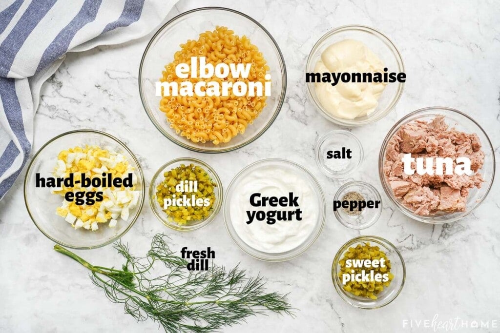 Aerial view of ingredients to make healthy Tuna Pasta Salad with Greek yogurt.