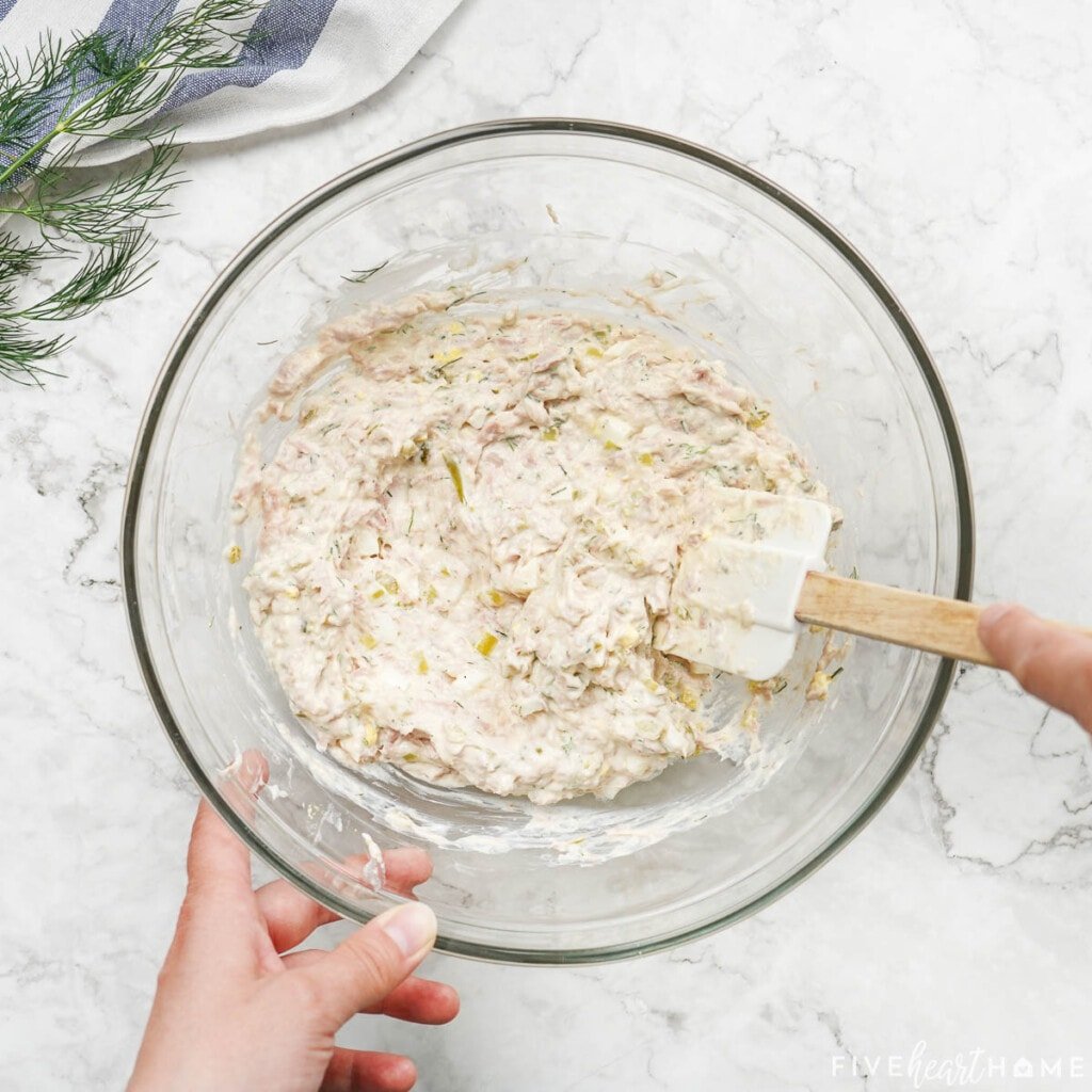 Combined ingredients for cold Tuna Pasta Salad.