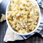 Tuna Pasta Salad showing close-up of tuna macaroni salad ingredients.