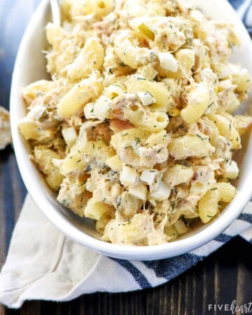 Tuna Pasta Salad showing close-up of tuna macaroni salad ingredients.
