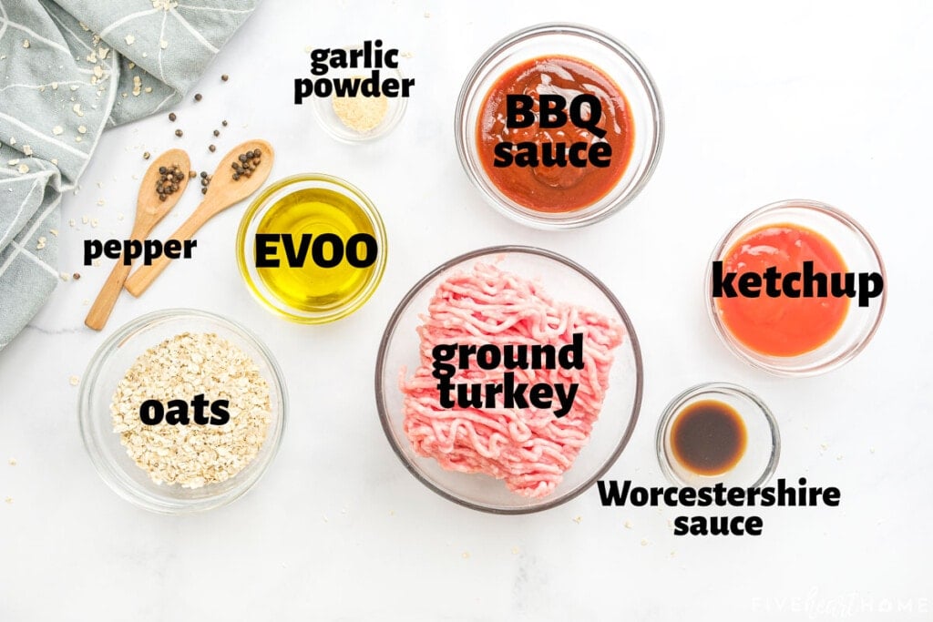 Labeled ingredients to make turkey meatloaf recipe.