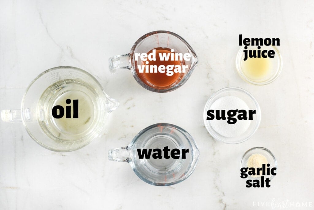 Labeled ingredients to make Blush Wine Vinaigrette recipe.