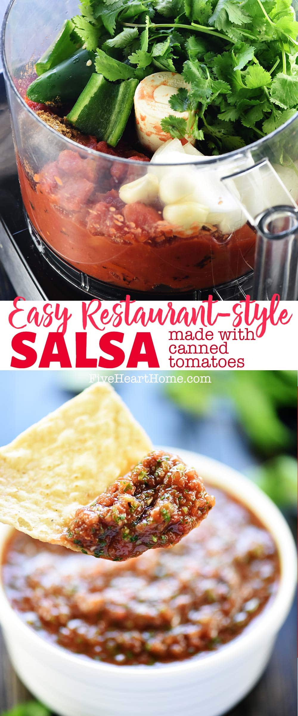 Fresh Easy Salsa (with Canned Tomatoes) ~ this fresh, homemade, easy canned tomato salsa recipe is versatile and delicious! It takes just a few minutes to throw together in the blender or food processor and it rivals the best restaurant-style salsa! | FiveHeartHome.com via @fivehearthome