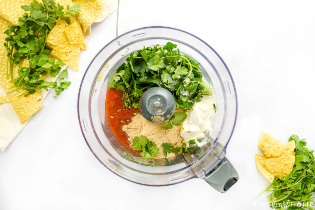 Ingredients in food processor to make Creamy Salsa Dressing or Creamy Salsa Dip.