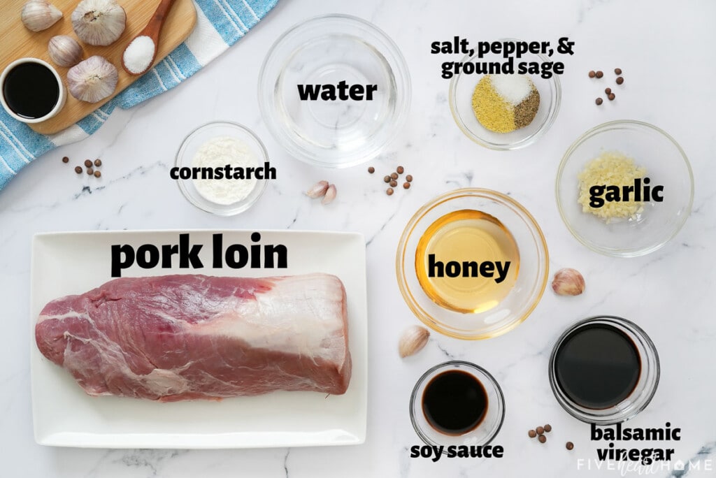 Aerial view of labeled ingredients to make pork loin crock pot recipe.