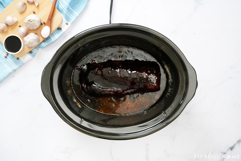 Crock Pot Pork Loin with honey balsamic glaze in slow cooker.