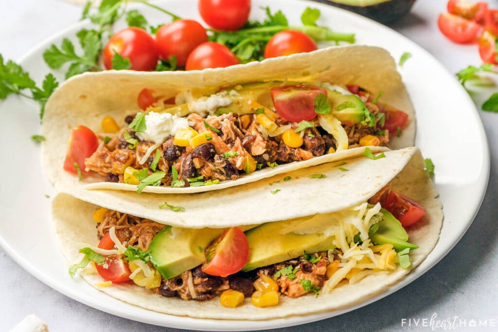 Close-up of Crockpot Shredded Chicken Tacos with cheese, tomatoes, and avocado.