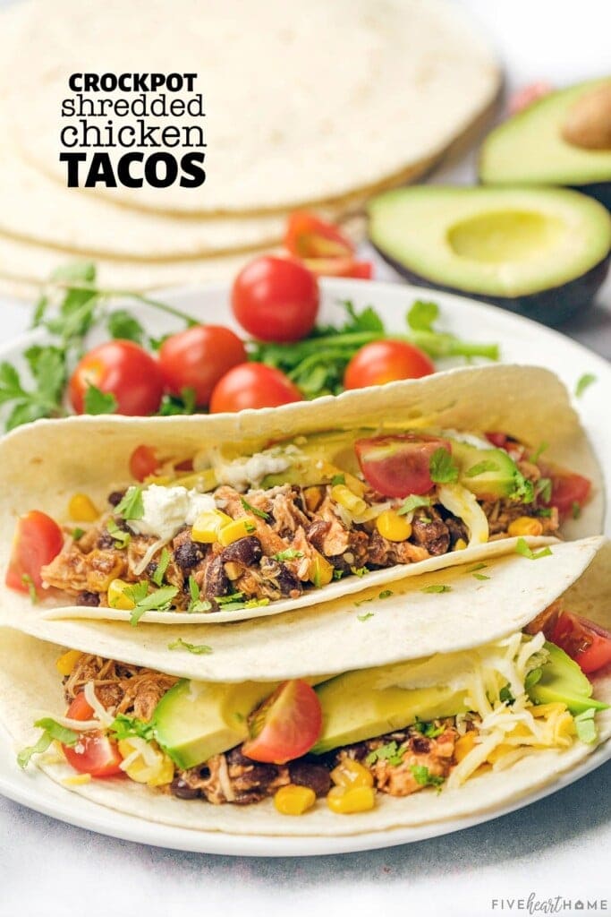 Crockpot Shredded Chicken Tacos with text overlay.
