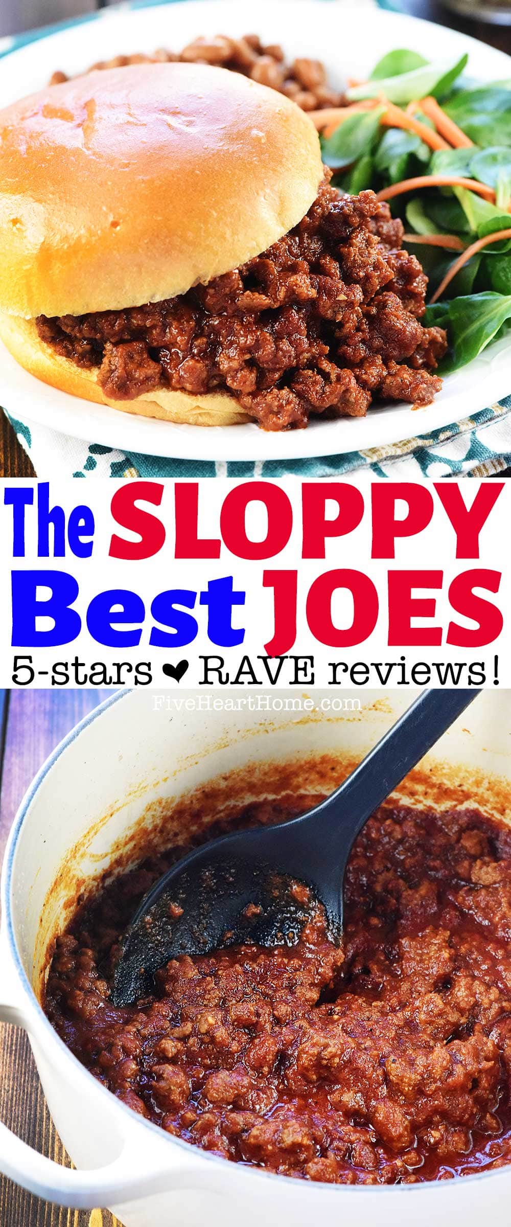 The VERY BEST Sloppy Joe recipe ~ delicious, quick, and easy to make. An amazing homemade sloppy joe sauce made withh real ingredients puts it over the top. Hundreds of rave reviews agree that these Homemade Sloppy Joes are fantastic! | FiveHeartHome.com via @fivehearthome