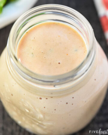 Homemade Thousand Island Dressing in glass jar.