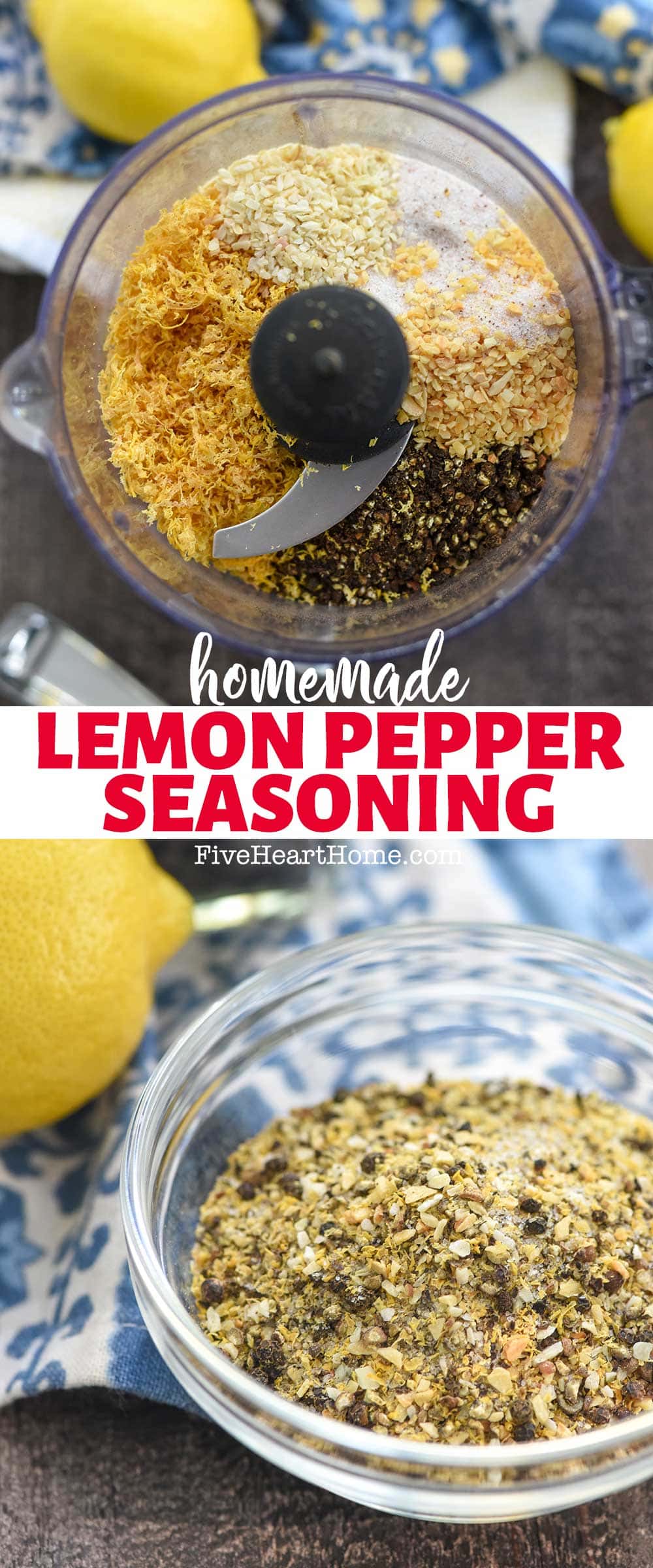 Lemon Pepper Seasoning Recipe ~ easy to make from scratch using just a few simple ingredients, for bright, bold flavor without the additives and artificial ingredients often found in store-bought seasonings! | FiveHeartHome.com via @fivehearthome