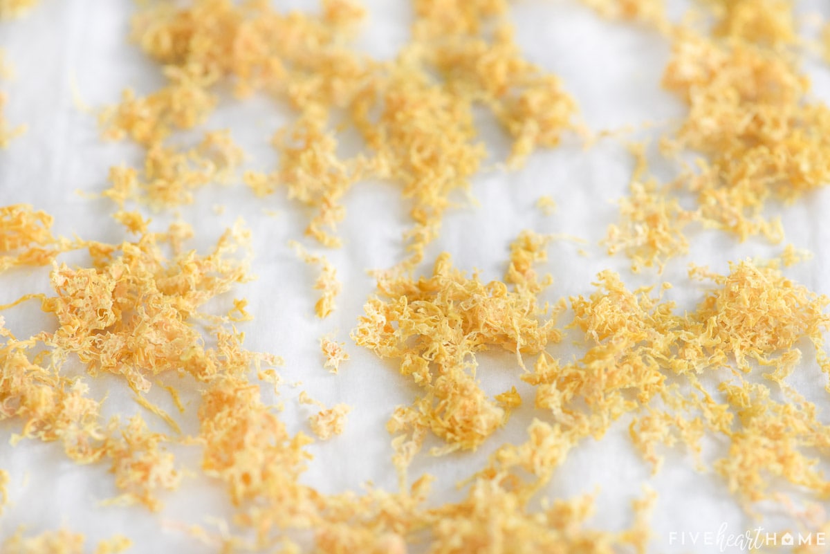 Dehydrated lemon zest after baking in oven to make Lemon Pepper Seasoning.