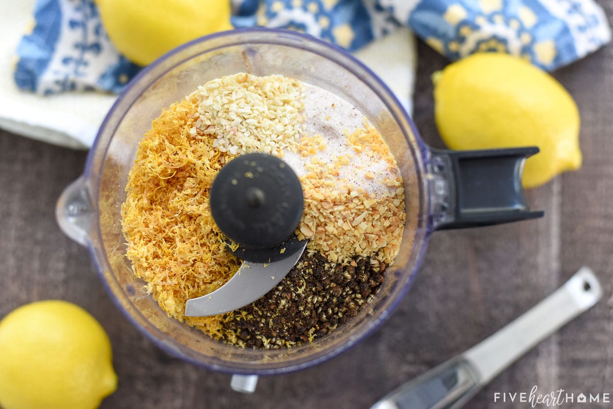 Aerial view of ingredients in food processor to make Lemon Pepper.