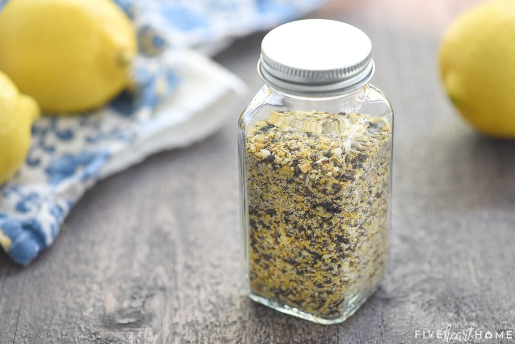 Lemon Pepper Seasoning recipe in spice jar.