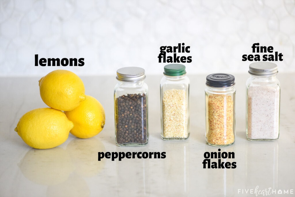 Labeled ingredients to make Lemon Pepper Seasoning recipe.