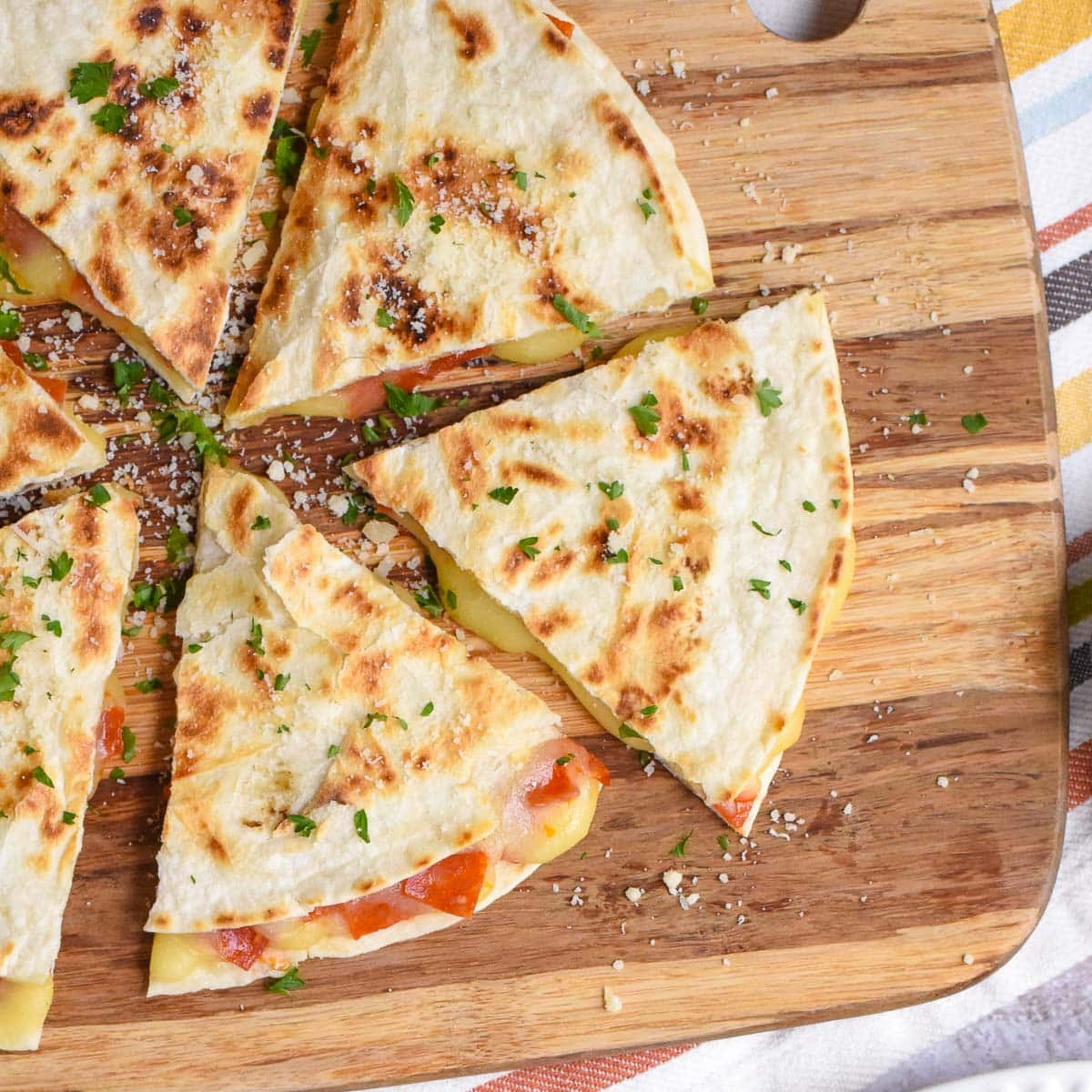 Aerial view of sliced Pizza Quesadillas.