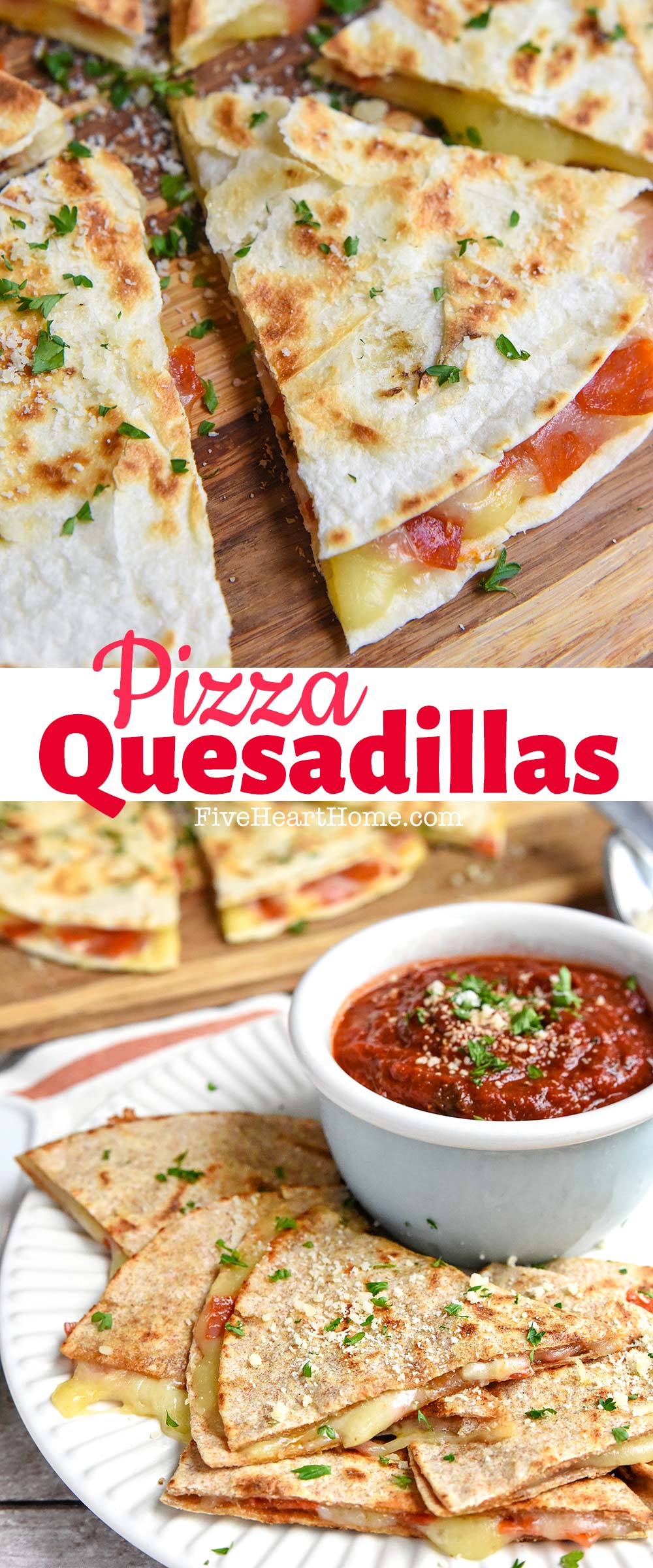 Cheesy, melty Pizza Quesadillas (or Pizzadillas) are stuffed with mozzarella and pepperoni and dipped in a flavorful herb-infused, homemade pizza sauce for a fun, quick, and easy lunch idea! | FiveHeartHome.com via @fivehearthome