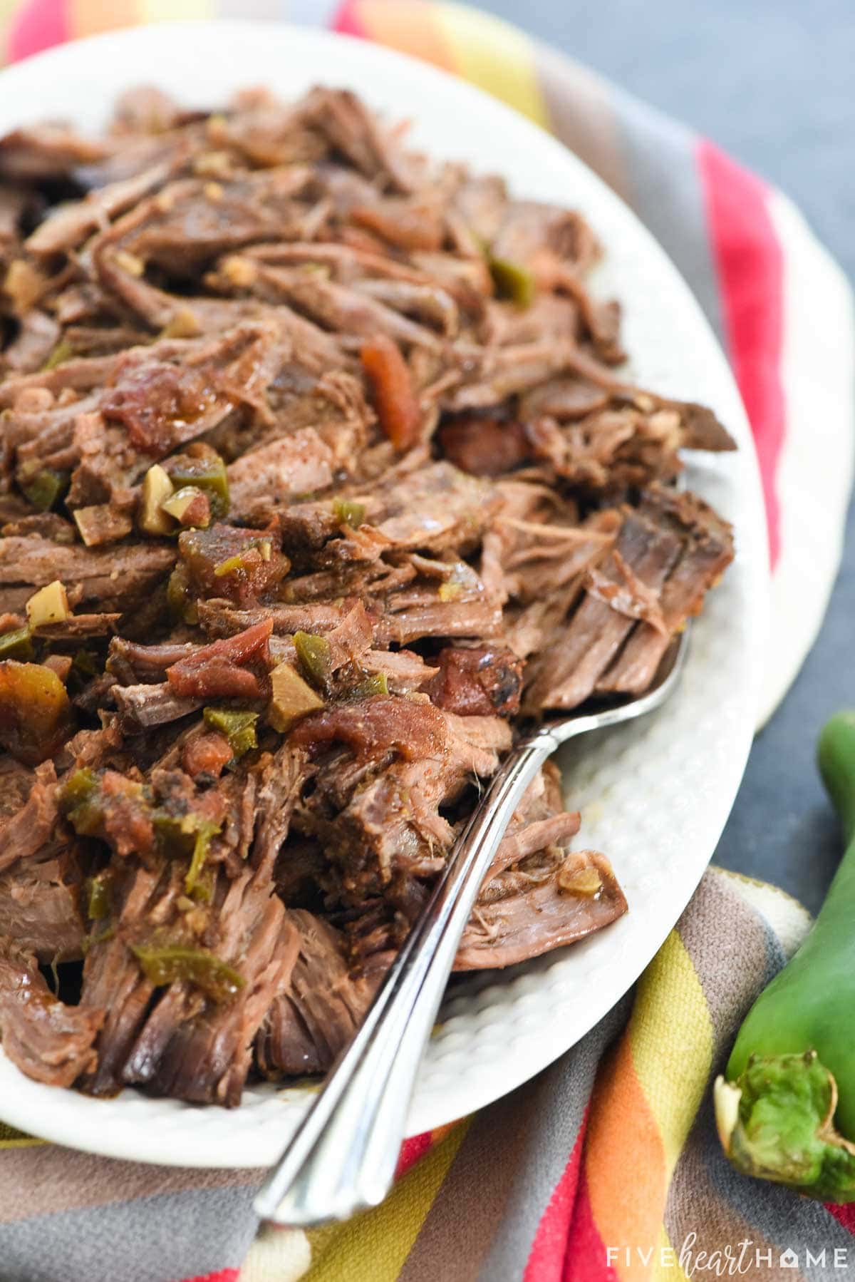 Crockpot Shredded Beef for Tacos on platter.