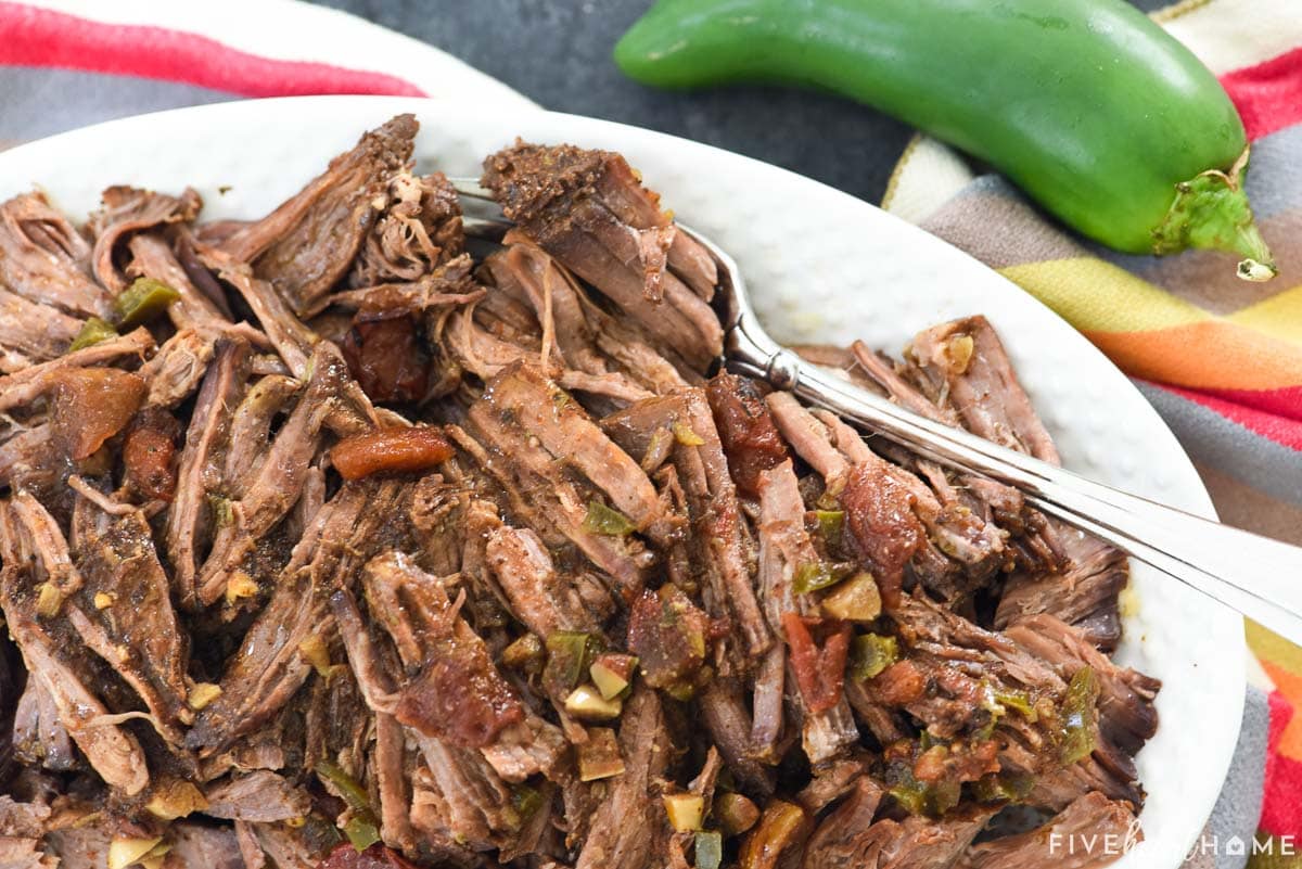 Close-up of platter of Shredded Beef Crock Pot.