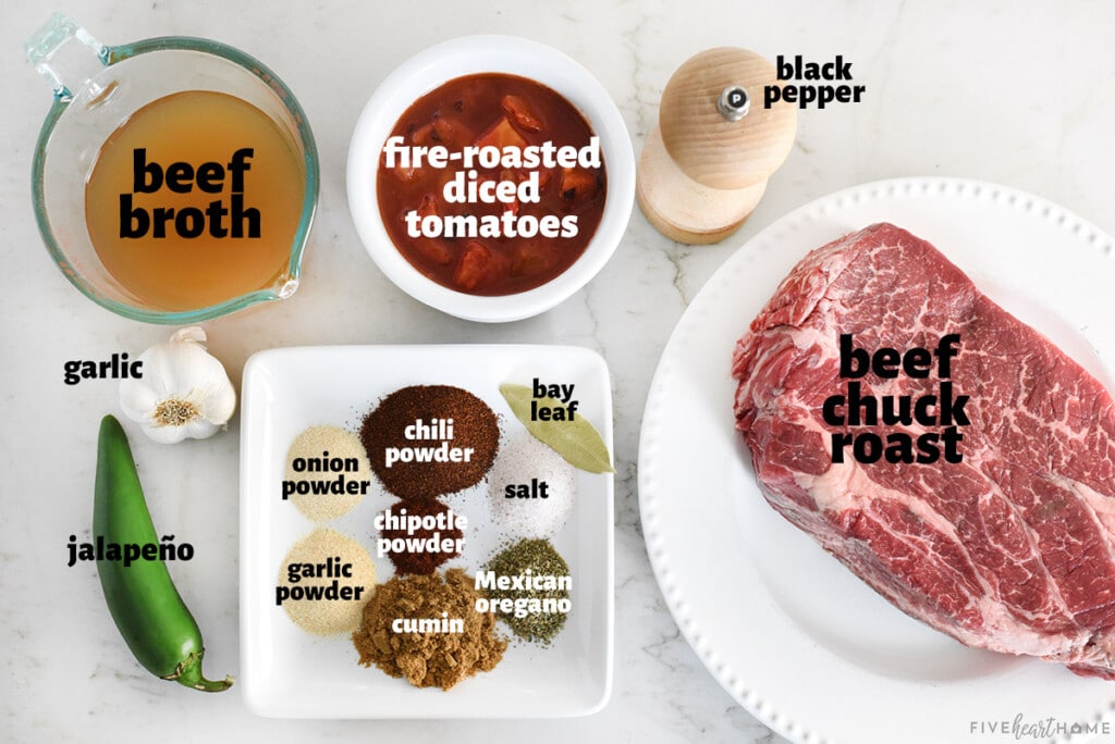 Aerial view of labeled ingredients to make Shredded Beef.