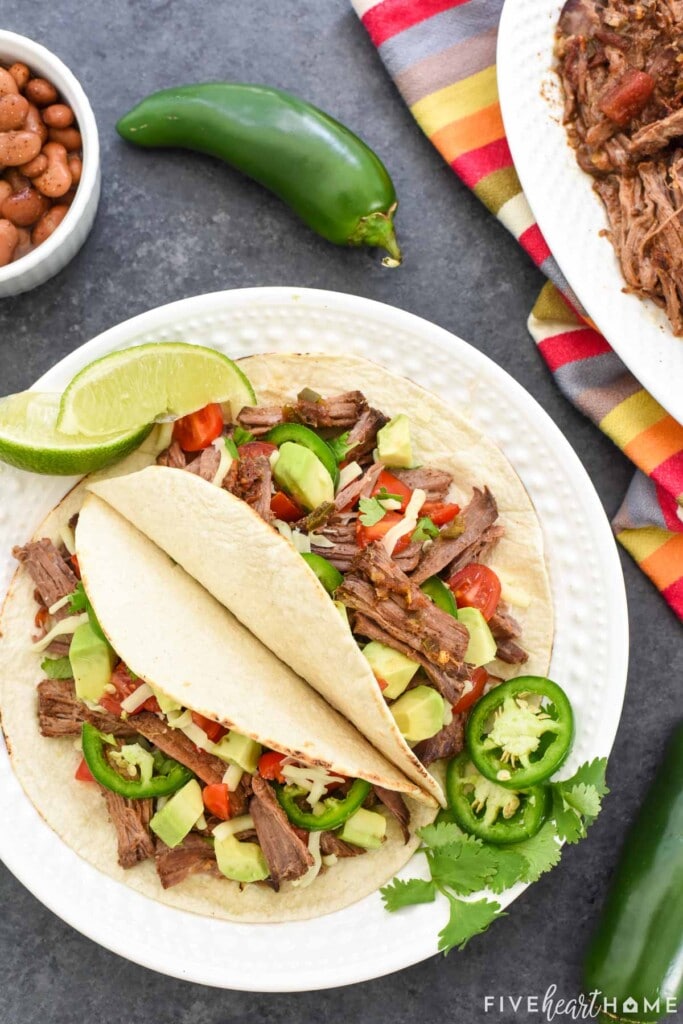 Aerial view of Shredded Beef recipe on tacos.