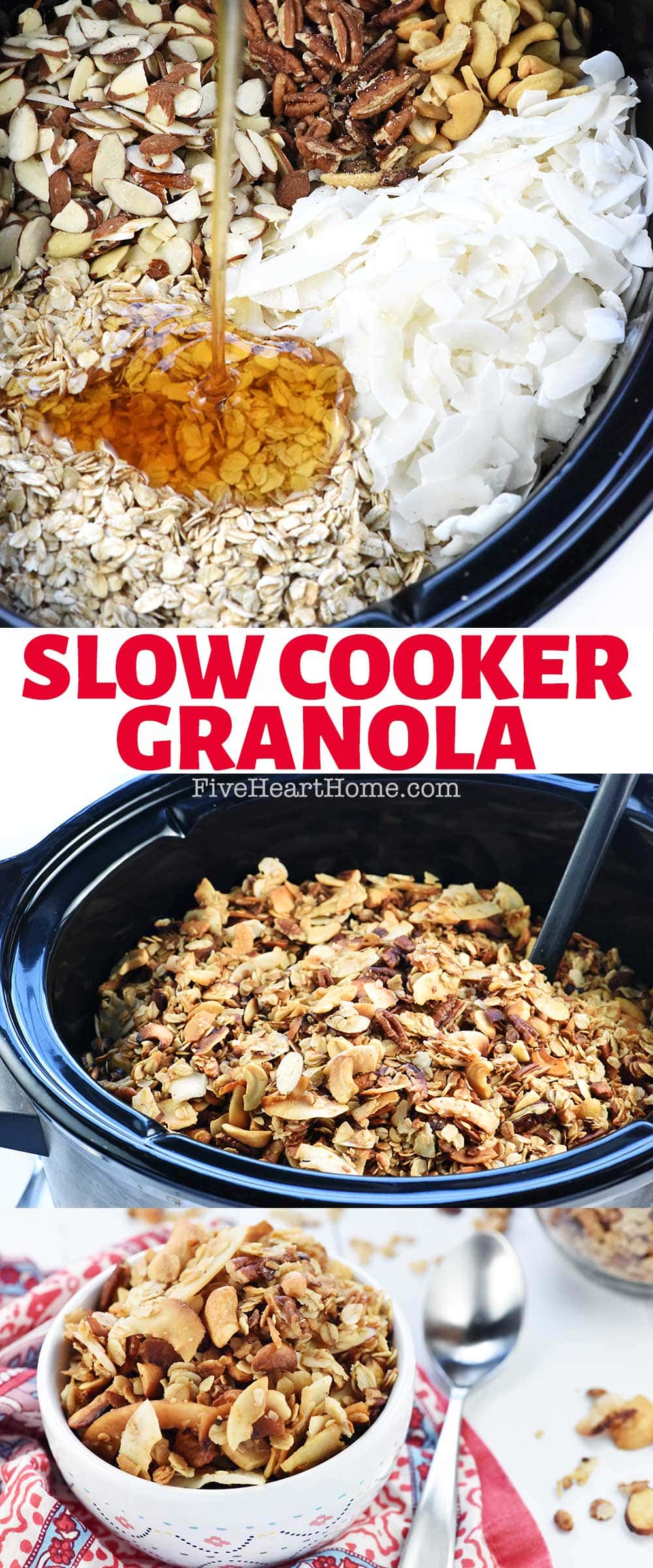 Slow Cooker Granola ~ crunchy, golden, and delicious, combining oats, nuts, coconut, coconut oil, and honey in the crock pot for an effortless, wholesome treat! | FiveHeartHome.com via @fivehearthome