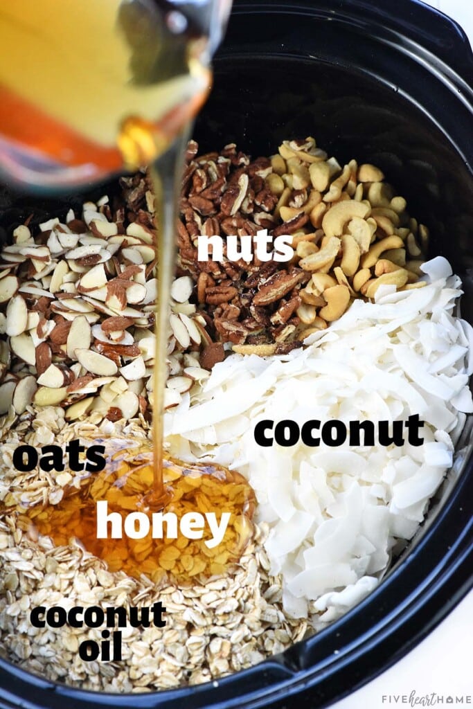 Labeled ingredients to make crock pot granola.