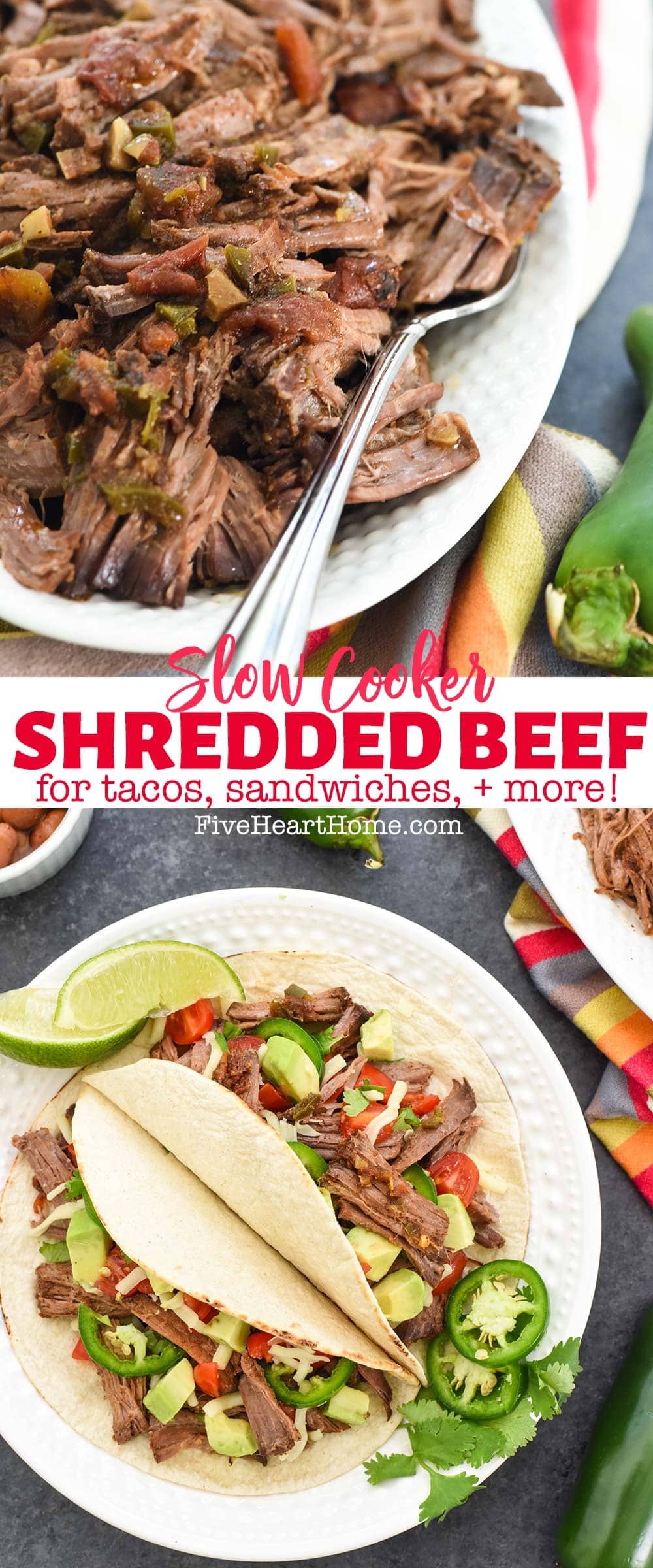 Shredded Beef ~ this mouthwatering, effortless, versatile crock pot recipe is infused with Mexican flavors and perfect for everything from tacos to nachos to sandwiches and so much more!| FiveHeartHome.com via @fivehearthome