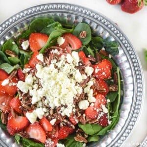 Spinach Salad with Strawberries topped with toasted pecans, feta, and blush wine vinaigrette.